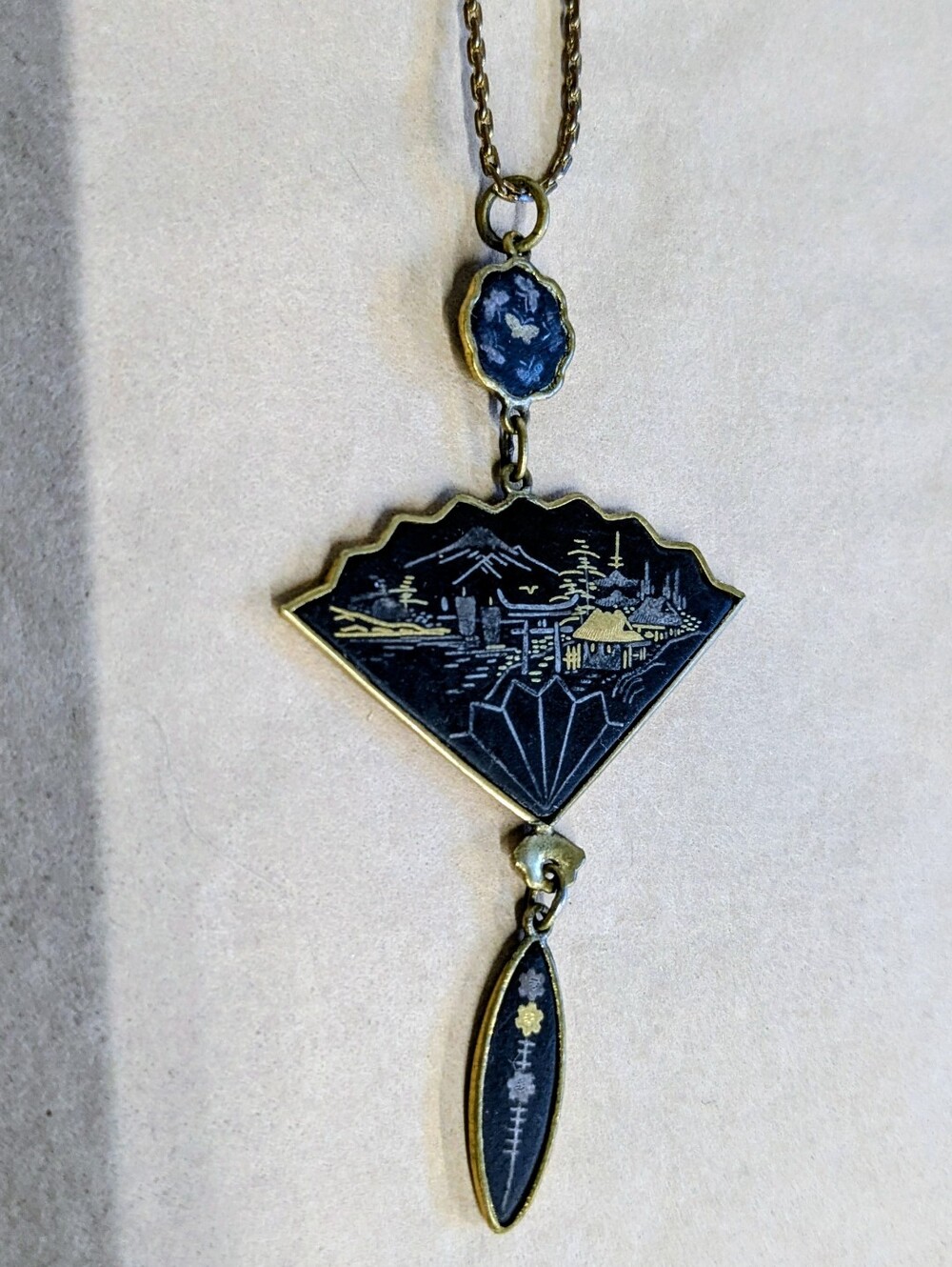 Vintage Japanese Damascene Fan Necklace
